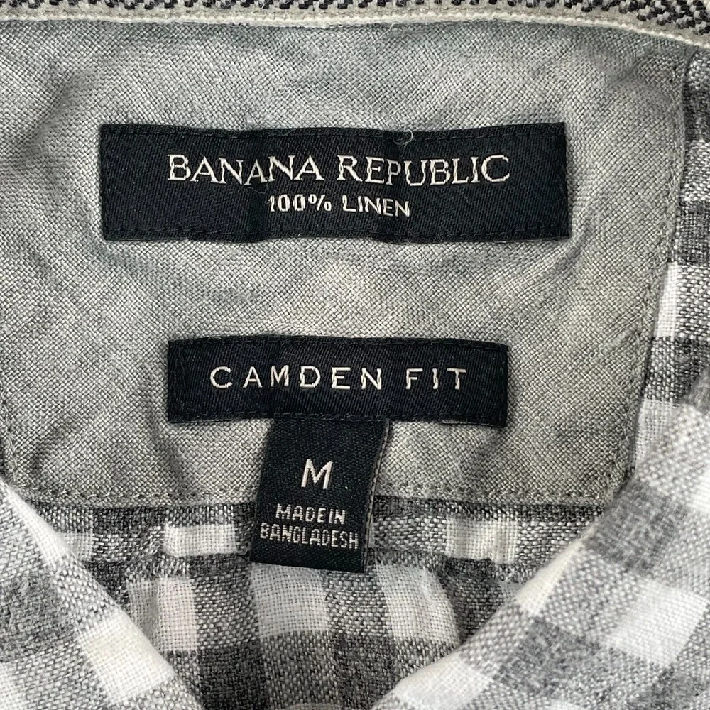 Banana Republic Shirt Men Medium Grey Check 100% Linen Camden‎ Fit Preppy LS